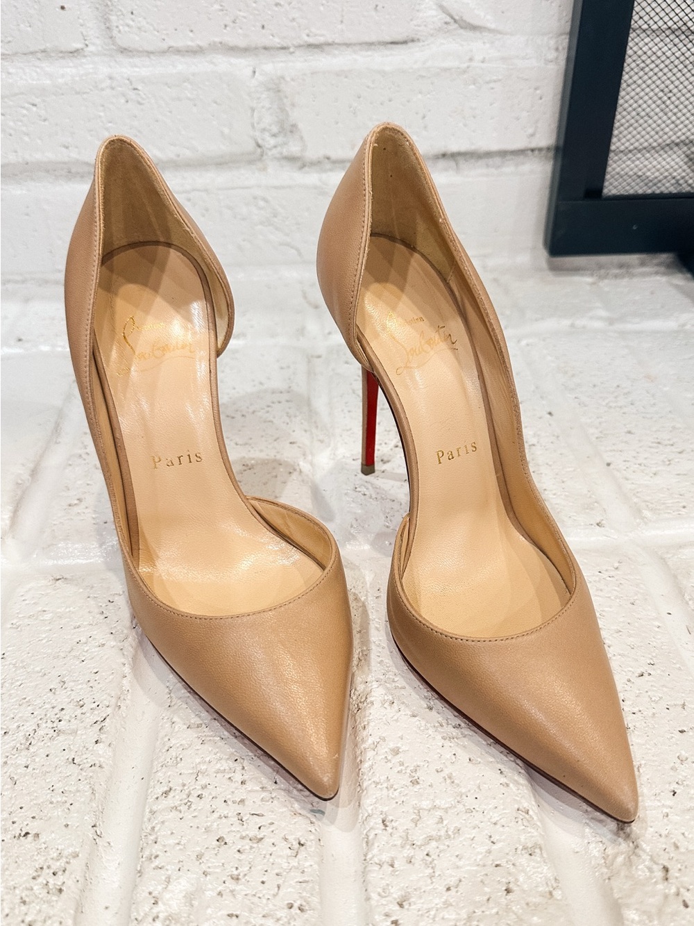Christian Louboutin Iriza, Blush, Nude Leather Pointed-Toe Pumps with Red Soles - Picture 11 of 12